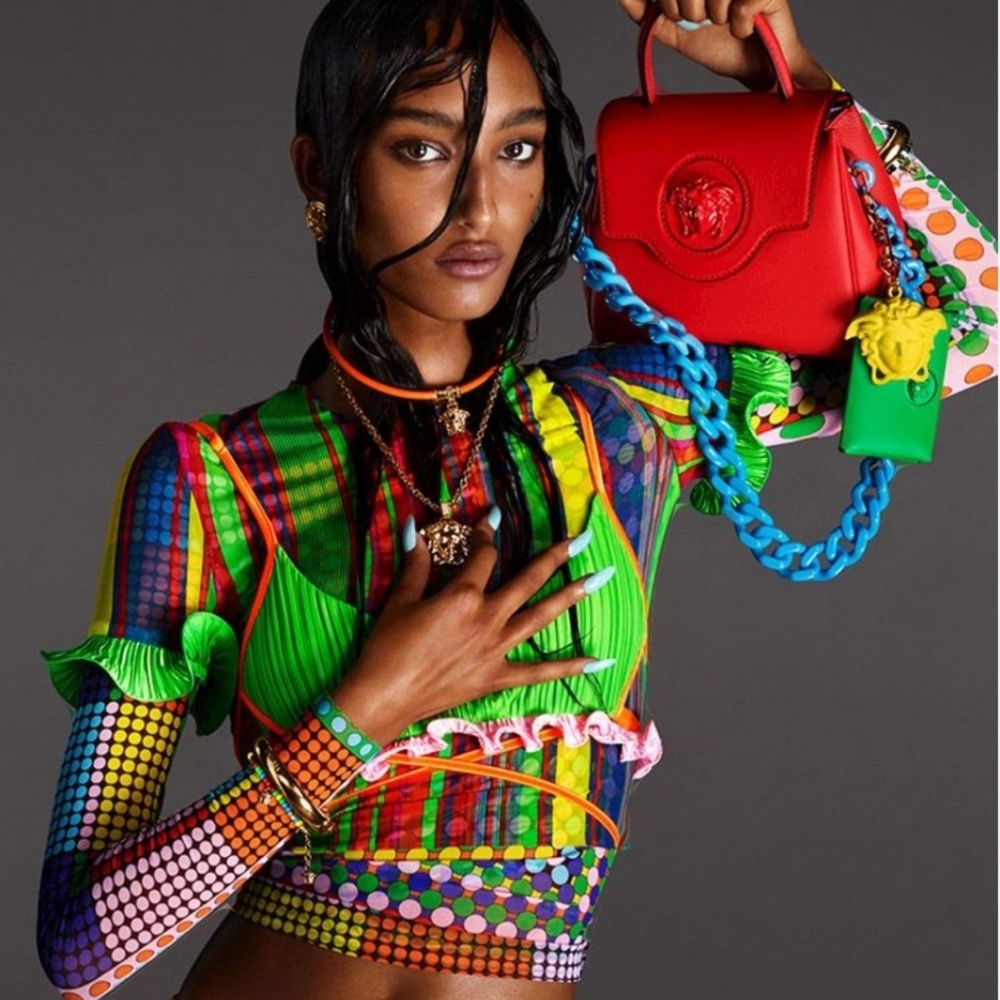 Versace Red Mini Medusa Bag Blue Chain Strap